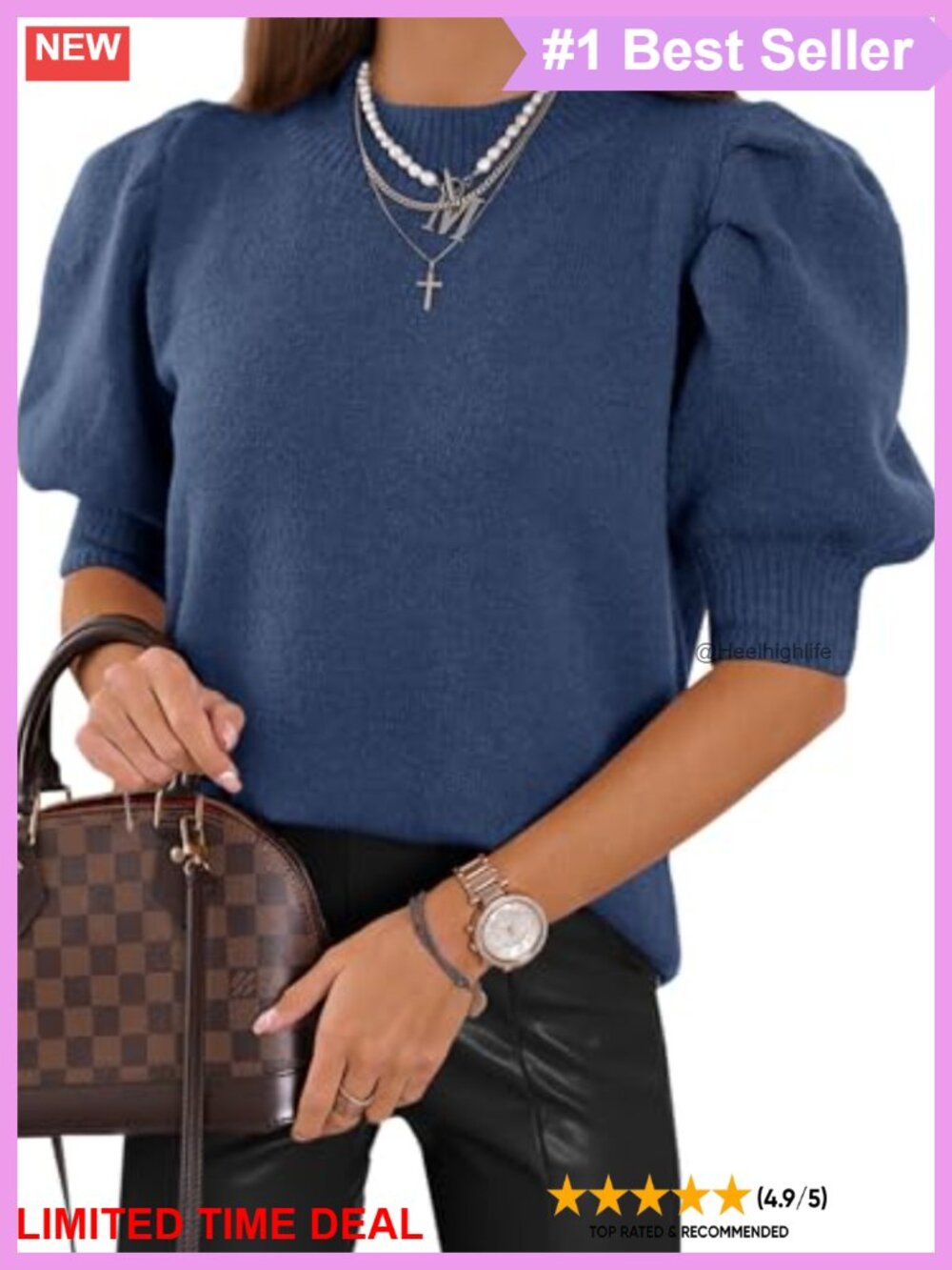 Puff Short Sleeve Sweater Top Crew Neck Knit Casual Summer Blouse